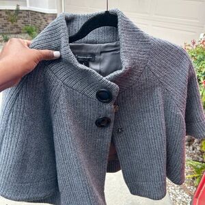 INC Gray Ribbed Knit Cape with Button Closure